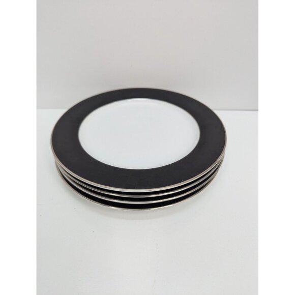 Nikko Fine China Black Tie Patra 8" Salad Plate Silver Trim Set of 4 - Picture 9 of 10